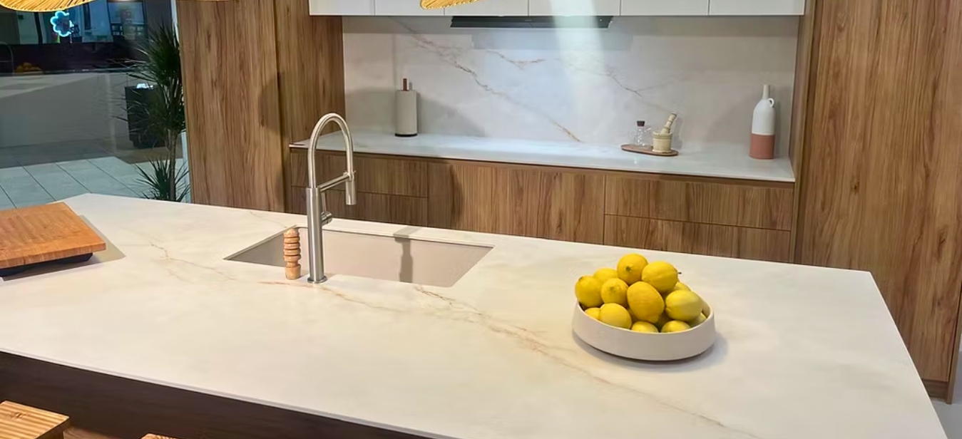 Cocina familiar en un hogar malagueño con encimera porcelánica Essenza en color Sakura White efecto mármol sostenible, similar a Neolith Calacatta, destacando resistencia a manchas y calor.