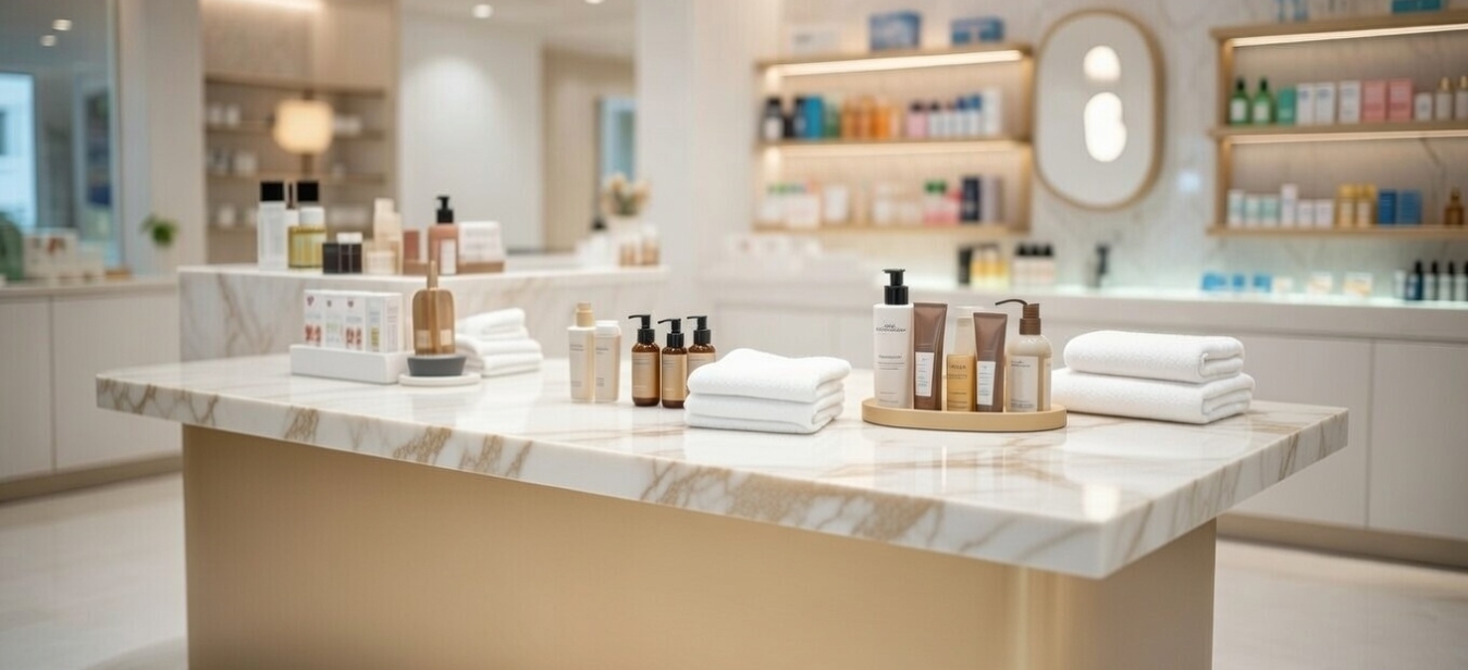 Área de belleza en un centro de estética con Techlam Marvel Gold Thundra (efecto natural, reciclable; alternativa Neolith Mont Blanc para diseño orgánico), resaltando adaptabilidad a diseños higiénicos y sostenibilidad para espacios húmedos.