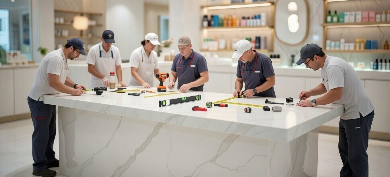 Equipo instalando una encimera Silestone Eternal en un comercio, con servicios rápidos y personalizados, utilizando materiales ultracompactos y resistentes. Confianza y versatilidad en aplicaciones comerciales.