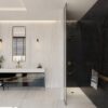 Baño con paredes y suelos combinados con dos porcelánicos Dekton Neural y Dekton Somnia