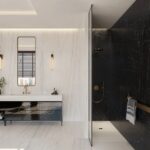 Baño con paredes y suelos combinados con dos porcelánicos Dekton Neural y Dekton Somnia