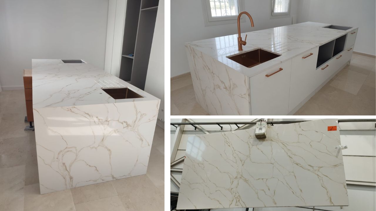 Instalación de encimera de cuarzo Zebra Gold en Mijas