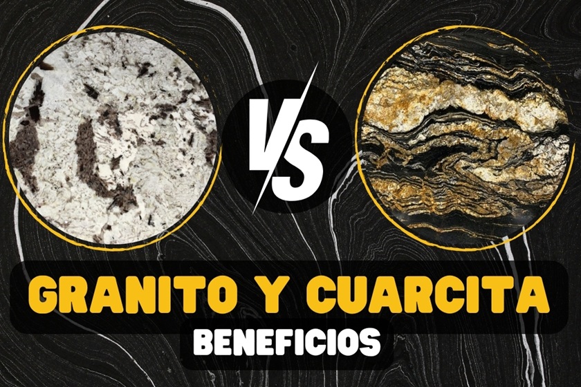 Banner comparativo de granito vs cuarcita en la colección Naturamia, destacando beneficios como durabilidad y elegancia para encimeras premium en Málaga.