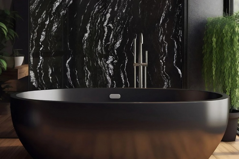 Bañera negra en baño moderno con revestimiento de granito negro brillo Naturamia Titanium, vetas blancas dramáticas y plantas verdes, resistente y lujoso para reformas de locales y casas.