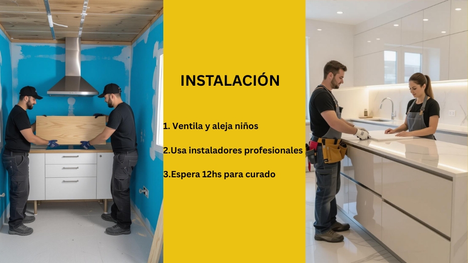 Imagen ilustrativa de instalación para encimeras porcelánicas en una cocina: profesionales y propietario ventilando el espacio, usando instaladores certificados para fijar la encimera con adhesivos, y esperando 12-24 horas para el curado antes de uso.