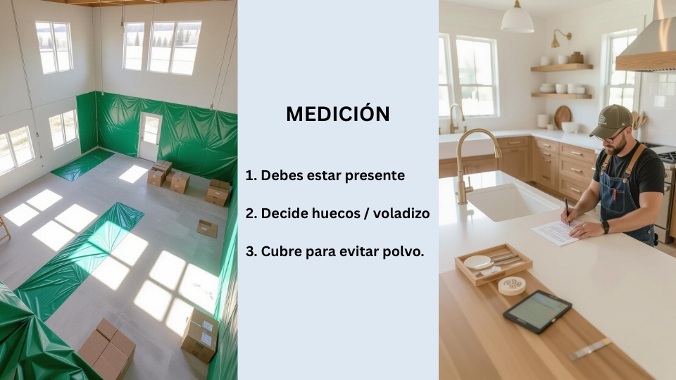 Pasos de medición para la instalación de encimeras porcelánicas en una cocina: profesionales midiendo con precisión, decidiendo huecos y voladizos, y cubriendo el entorno para evitar polvo, optimizado para encimera cocina porcelánica y encimeras porcelánicas.
