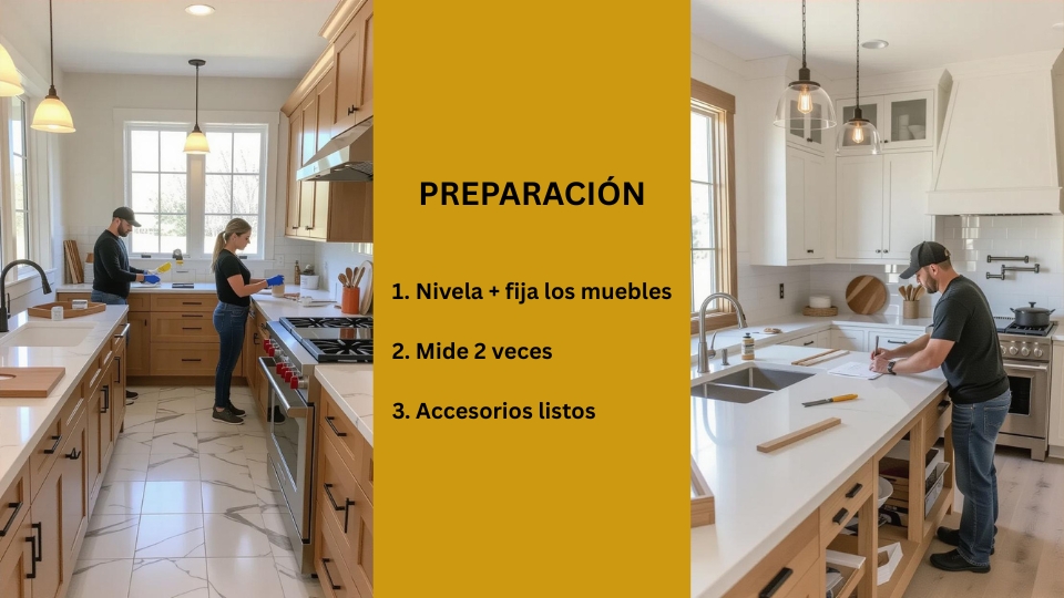Imagen ilustrativa de los pasos de preparación para la instalación de encimeras porcelánicas alternativas en una cocina: profesionales nivelando y fijando muebles, midiendo con precisión y preparando accesorios como fregaderos y grifos, optimizado para encimera porcelánico y encimeras porcelánicas.