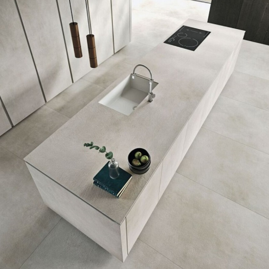 isla cocina Laminam Calce Bianco
