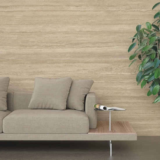 sala de estar Laminam Travertino Noce