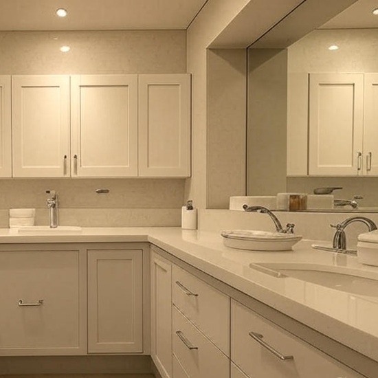 un baño con encimeras de terazo beige con motas Mimosa