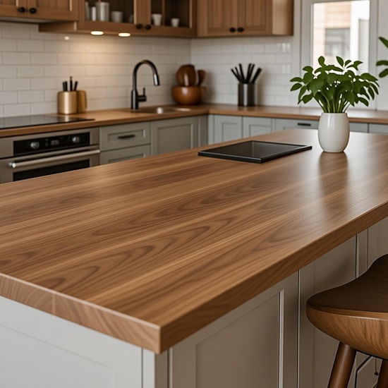 isla cocina Laminam Marron Montseny con canto inglete