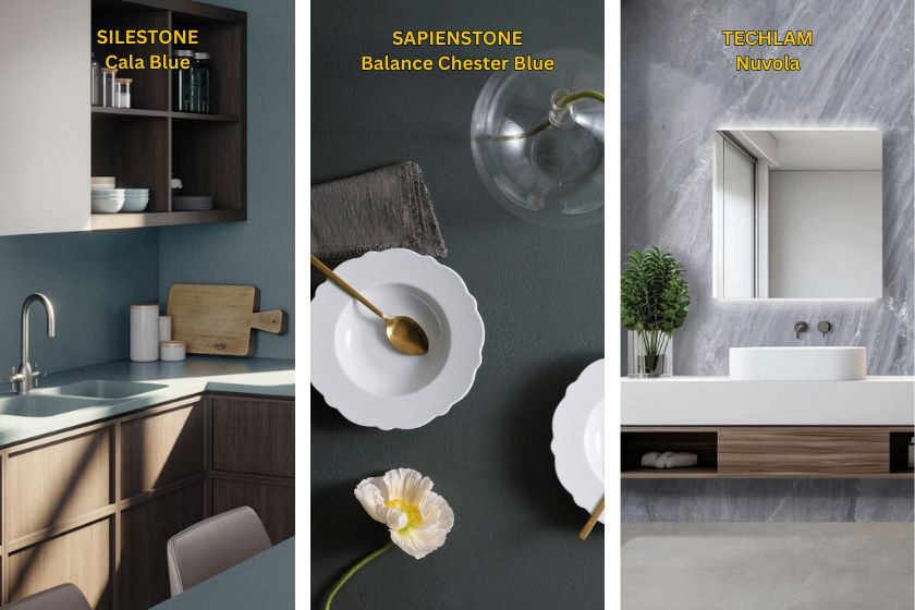 Comparativa de encimeras azules: Silestone Cala Blue en cocina moderna, Sapienstone Balance Chester Blue en mesa con vajilla blanca y Techlam Nuvola en baño con mueble suspendido