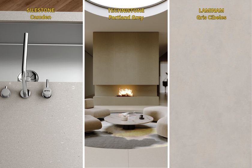 Comparativa encimeras grises: Silestone Camden en fregadero moderno con grifería plateada, Technistone Portland Grey en salón con chimenea y Laminam Gris Cibeles en detalle texturizado neutro