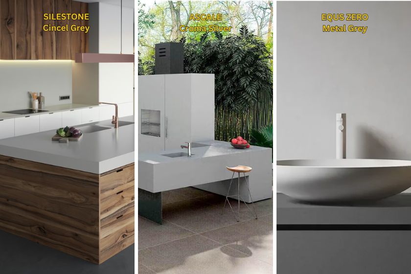 Encimera Equs Metal Grey en cocina moderna con fregadero y grifería, alternativa a Silestone Cincel Grey descontinuado, detalle de superficie gris metálico mate