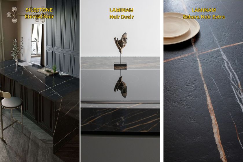 Comparativa encimeras negras: Silestone Eternal Noir en cocina urbana con plantas, Compac Nocturno en isla moderna con vitrocerámica y Ascale Allure Black en detalle con jarrón oscuro, vista industrial elegante