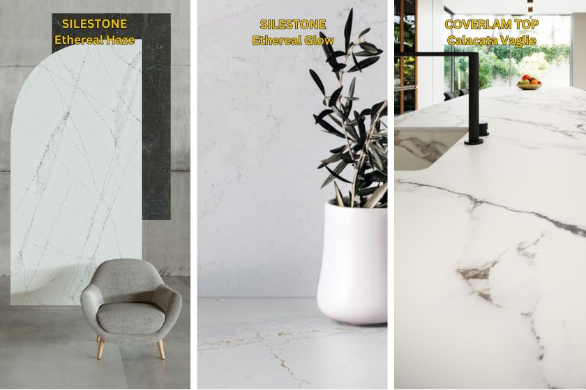 Encimera Silestone Ethereal Glow en salón residencial moderno con vetas doradas y grises sobre fondo blanco luminoso, alternativa a Silestone Ethereal Haze descontinuado