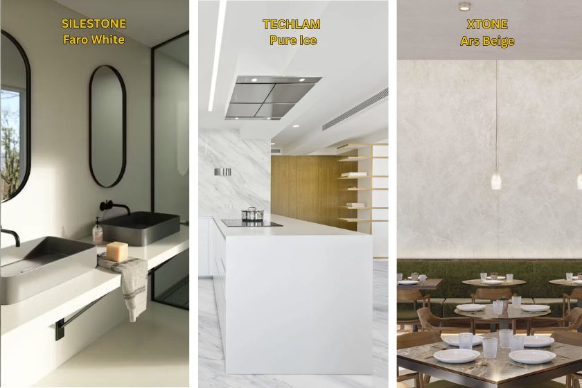 Encimera Xtone ARS Beige en cocina clara con fregadero y detalles minimalistas, alternativa porcelánica a Silestone Faro White descontinuado, vista superior de superficie beige helado con vetas sutiles