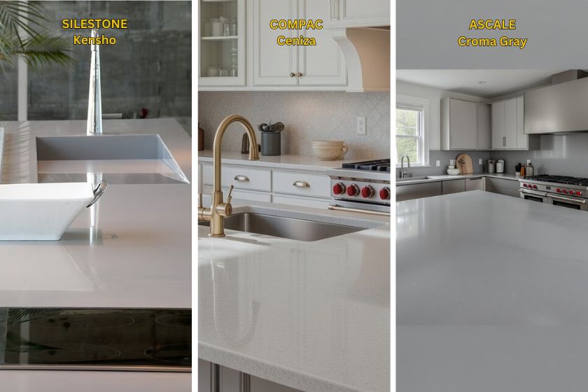 ncimera Compac Ceniza en escritorio moderno de oficina con teclado y monitor, alternativa en cuarzo a Silestone Kensho descontinuado, superficie gris claro zen mate