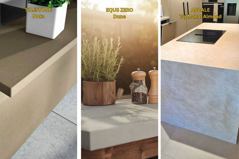 Comparativa encimeras beige marrón: Silestone Noka en isla de cocina, EQUS ZERO Dune con plantas y especieros, Ascale Taj Mahal Almond en cocina con vitrocerámica vista superior
