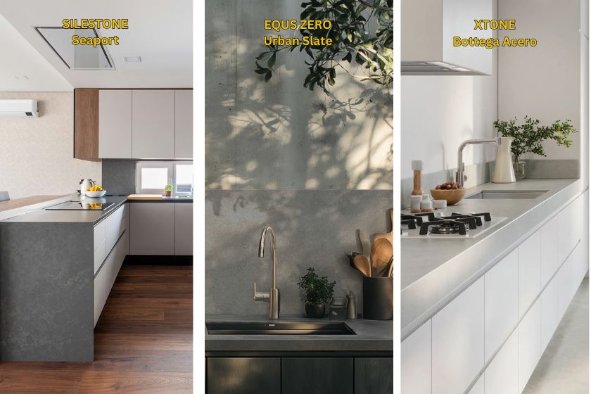 Encimera Equs Urban Slate en cocina luminosa con isla grande y vistas al jardín, alternativa en cuarzo a Silestone Seaport descontinuado, superficie gris pizarra urbana mate
