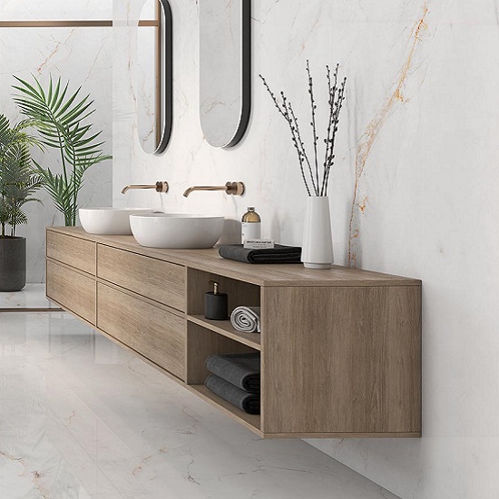 Doble lavabo con encimera Arklam Syrac, espejos ovalados y gabinete flotante de madera, para baños en Málaga