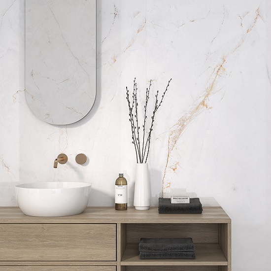 Lavabo de baño con encimera Arklam Syrac, espejo ovalado y gabinete de madera, resistente para baños en Málaga