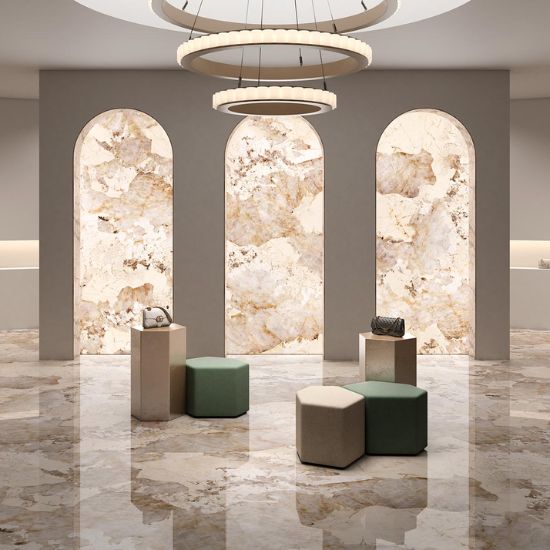 Espacio interior con suelo y paredes Arklam Patagonia Gold en diseño arquitectónico para Málaga.