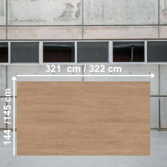 Losa grande de Dekton Kedar de 321/322 cm x 145 cm en almacén, con superficie roble cálida.