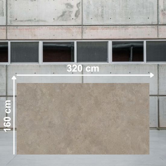 Losa grande de Neolith Artisan de 320 cm x 160 cm en almacén, con superficie gris terrosa.