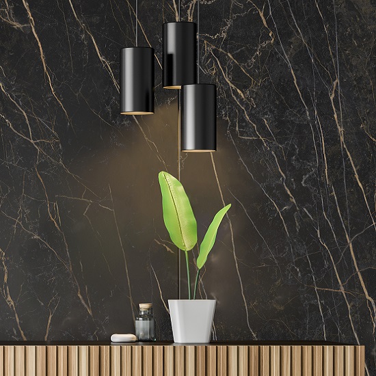 Pared revestida Neolith Black Obsession Málaga, superficie negra dorada con iluminación y vegetación.
