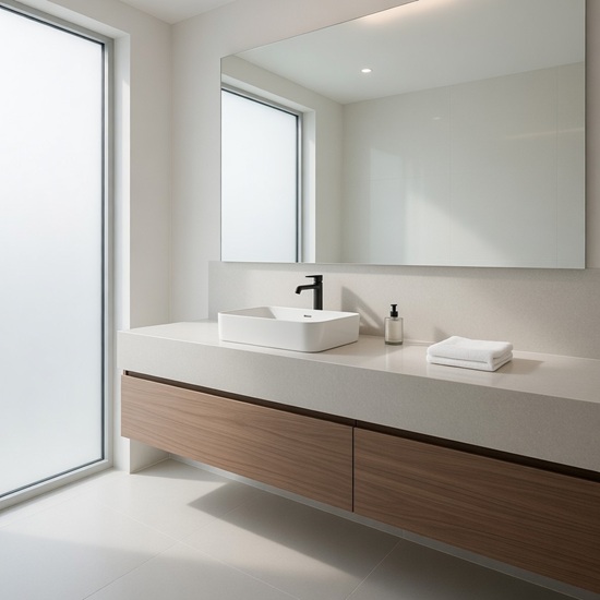 Vanitorio flotante Blaker Blanco Sólido blanco con lavabo blanco, espejo y gabinetes de madera en baño moderno.