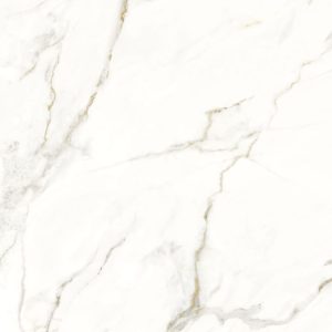 Textura detallada de Blaker Calacatta Oro blanca con vetas doradas en patrón marmóreo intenso.