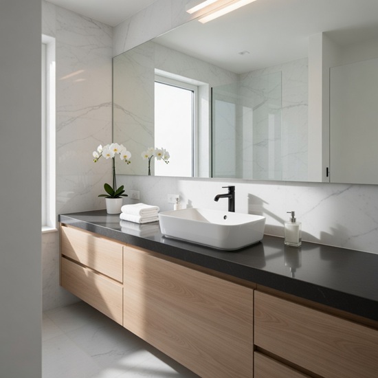 Vanitorio flotante Blaker Negro Sólido negro con lavabo blanco, espejo y gabinetes de madera en baño moderno.