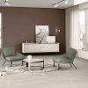 Sala moderna con credenza Blaker Taj Mahal 3D beige veteado, sillas grises, mesa redonda y decoración en ambiente sereno.
