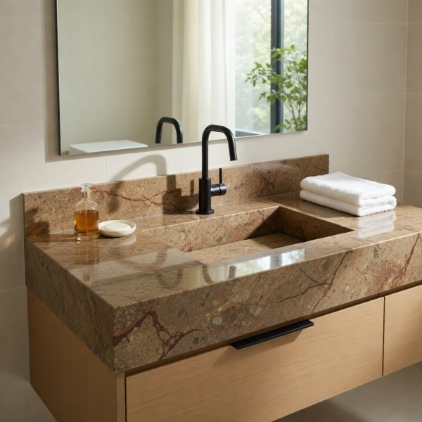 Baño moderno con encimera de baño Mármol Marrón Alhambra marrón veteado, grifo negro, toallas blancas y planta en ambiente cálido.