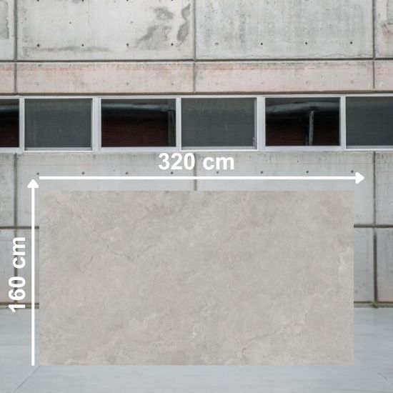Losa grande de Venux Bourgogne Perle 320x160 cm gris uniforme en almacén industrial.