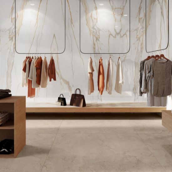 Sala moderna con credenza Venux Calacatta Gold blanca veteado, sillas grises, mesa redonda y decoración en ambiente sereno.