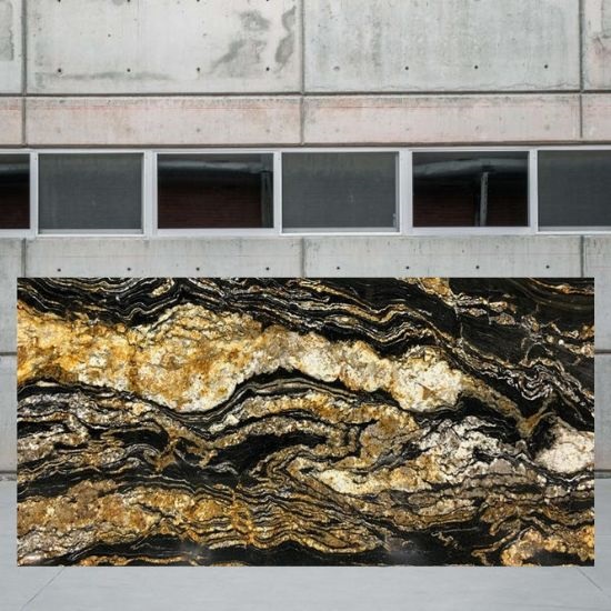 losa jumbo de Granito Black Taurus Leather con vetas doradas y blancas sobre fondo negro intenso