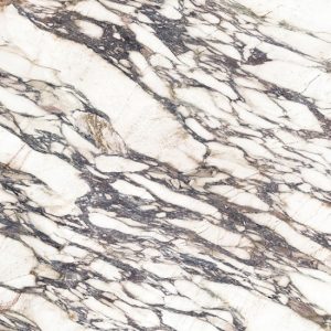 Alta resolución de Sapienstone Fior di Viola 4D, base blanca con vetas dramáticas negras y grises en efecto mármol con veta pasante full body