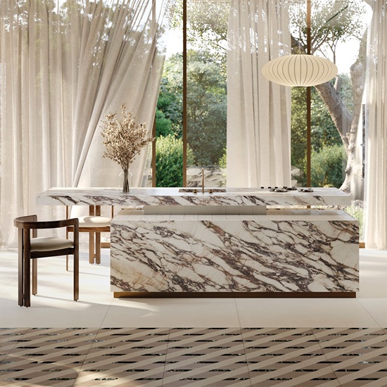 Primer plano macro de la encimera Sapienstone Fior di Viola 4D. Base blanca pura con dramáticas vetas negras y grises que atraviesan todo el grosor gracias a la tecnología 4D Ceramics full body. Cerámica sinterizada de alta gama que reproduce fielmente el mármol natural con movimiento y profundidad incomparables. Ideal para encimeras de cocina de lujo y baños exclusivos.