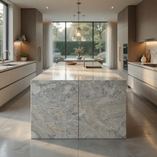 Isla central larga en Cuarcita Dolce Vita en cocina moderna con grandes ventanales y muebles claros