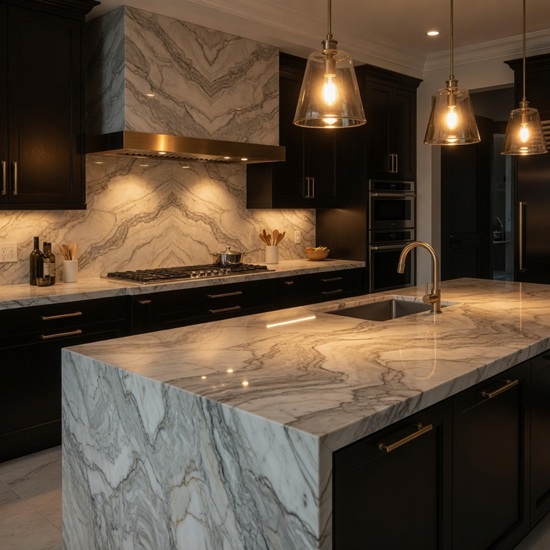 Cocina moderna con encimera e isla en Cuarcita Dolce Vita, muebles negros y salpicadero a juego