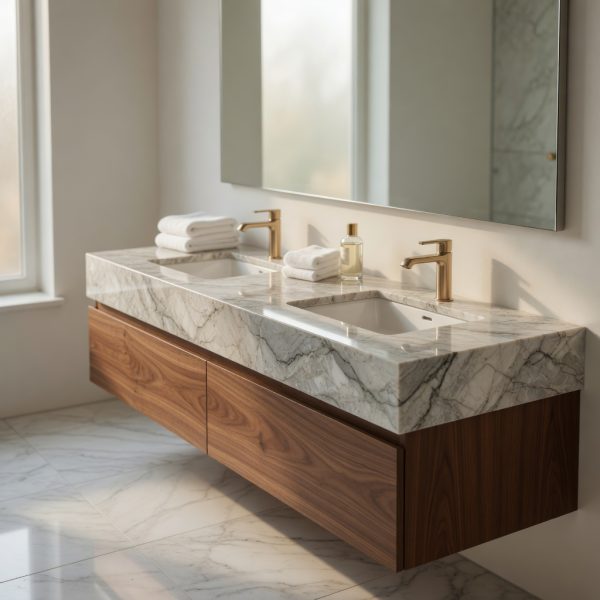 Mueble de baño flotante doble en Cuarcita Dolce Vita con lavabos blancos y grifería dorada