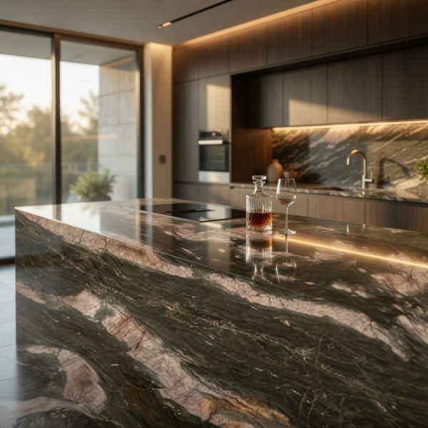 Isla de cocina moderna en Cuarcita Verde Amazona con muebles oscuros, grifería dorada y grandes ventanales