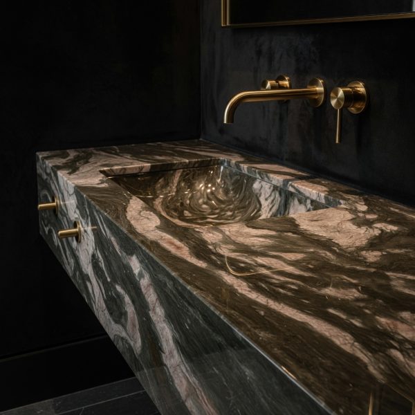 Mueble de baño en Cuarcita Verde Amazona con lavabo integrado y grifería dorada sobre fondo negro