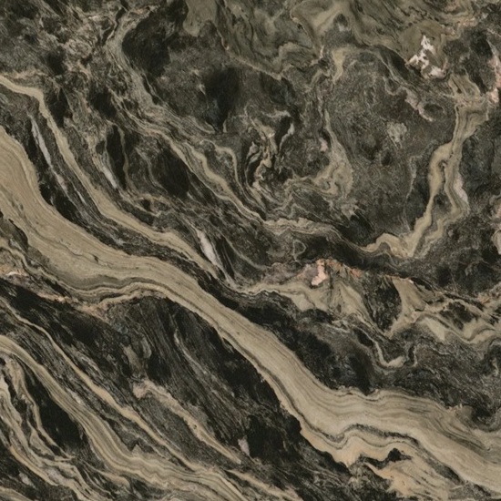 Textura detallada de Cuarcita Verde Amazona, cuarcita verde oscuro con vetas beige y crema en movimiento