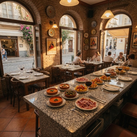 Barra de restaurante o bar de tapas en Granito Blanquino con platos típicos españoles