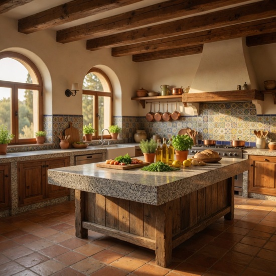 Isla de cocina rústica en Granito Blanquino con base de madera, suelo de terracota y vigas vistas