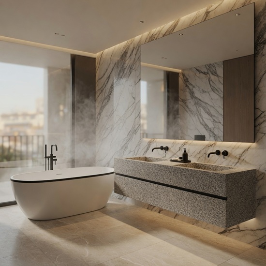 Mueble de baño flotante doble en Granito Blanquino con bañera exenta y grifería negra en baño de lujo