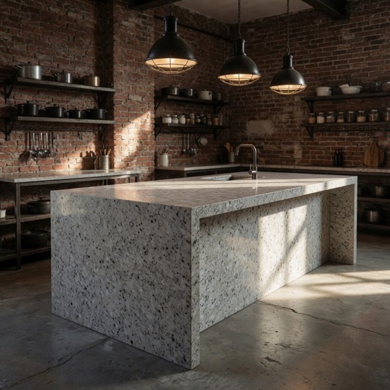 Isla central de cocina industrial en Granito Blanquino con paredes de ladrillo visto y lámparas industriales